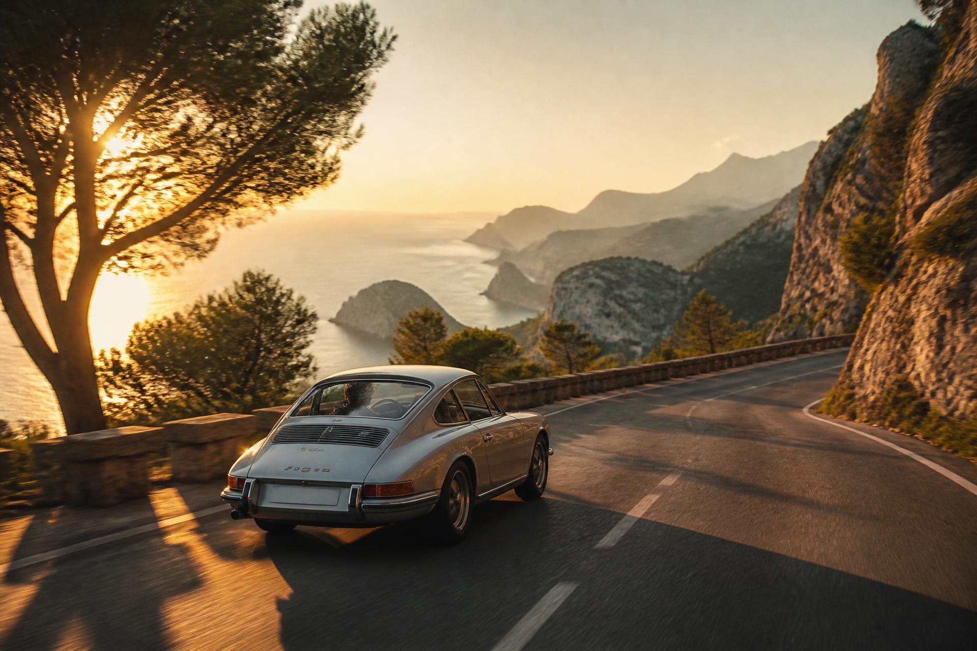 Classic silver Porsche 911 driving along a Mallorcan coastal road at sunset